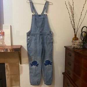 Denim Overalls with Blue Floral Embroidery